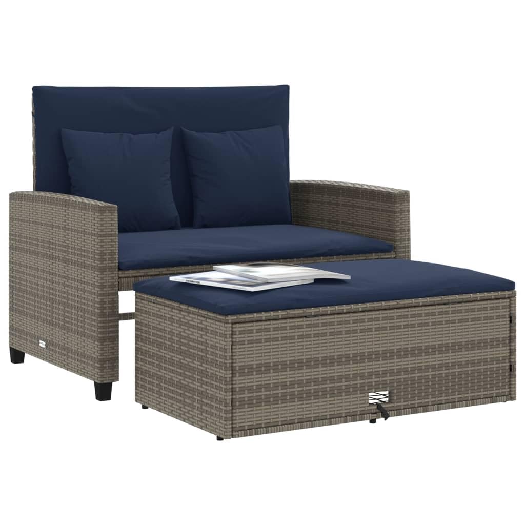 Grey Navy Blue PE Rattan Convertible Sofa Bed with Storage Footstool M454