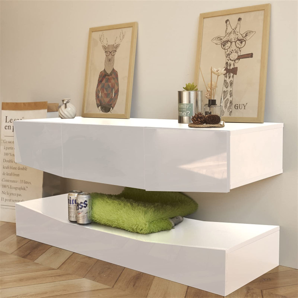 White Floating TV Stand with 3 Drawers and Open Shelves F3450