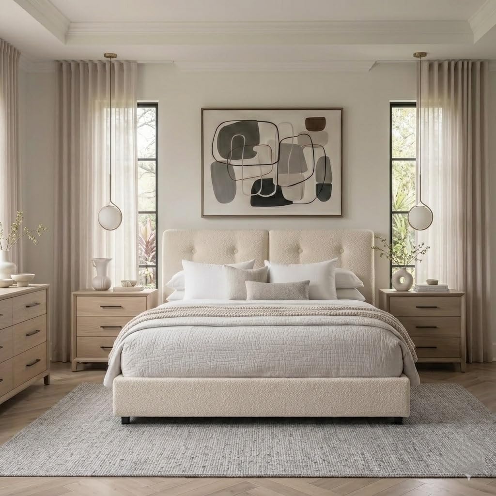 Queen Size Beige Boucle Upholstered Bed Frame with Headboard I2790