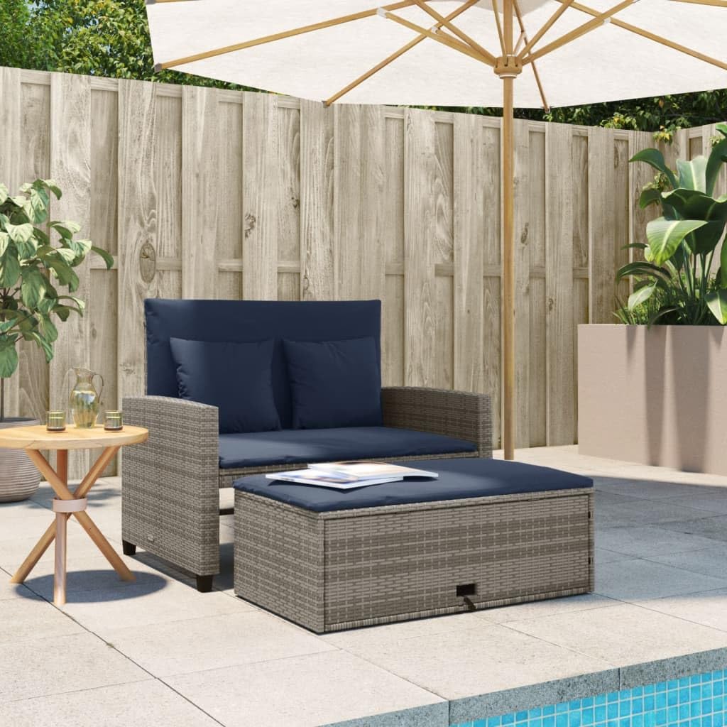 Grey Navy Blue PE Rattan Convertible Sofa Bed with Storage Footstool M454