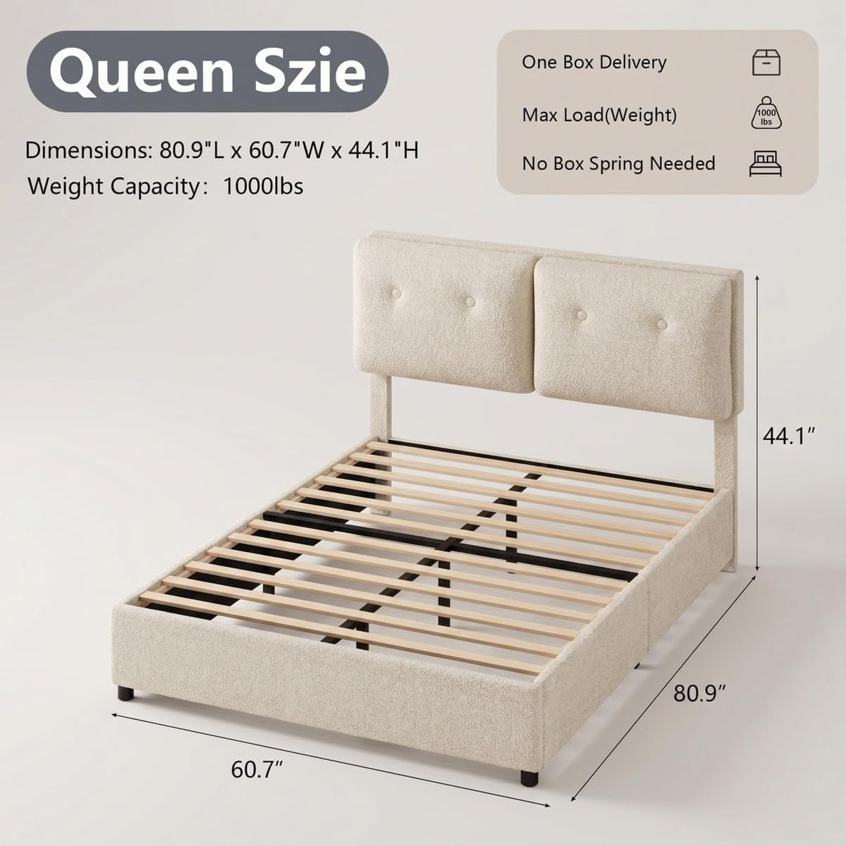 Queen Size Beige Boucle Upholstered Bed Frame with Headboard I2790
