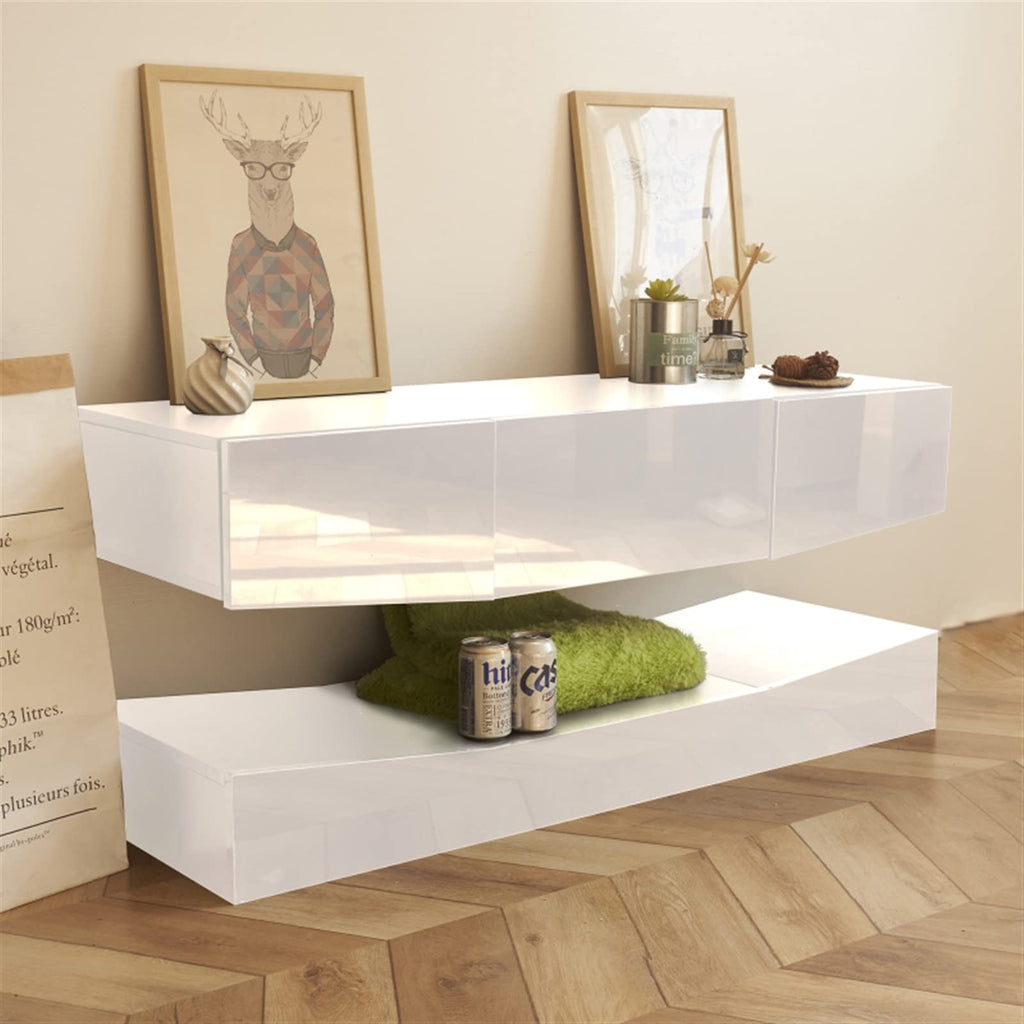 White Floating TV Stand with 3 Drawers and Open Shelves F3450