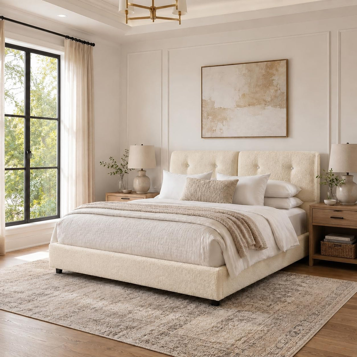 Queen Size Beige Boucle Upholstered Bed Frame with Headboard I2790