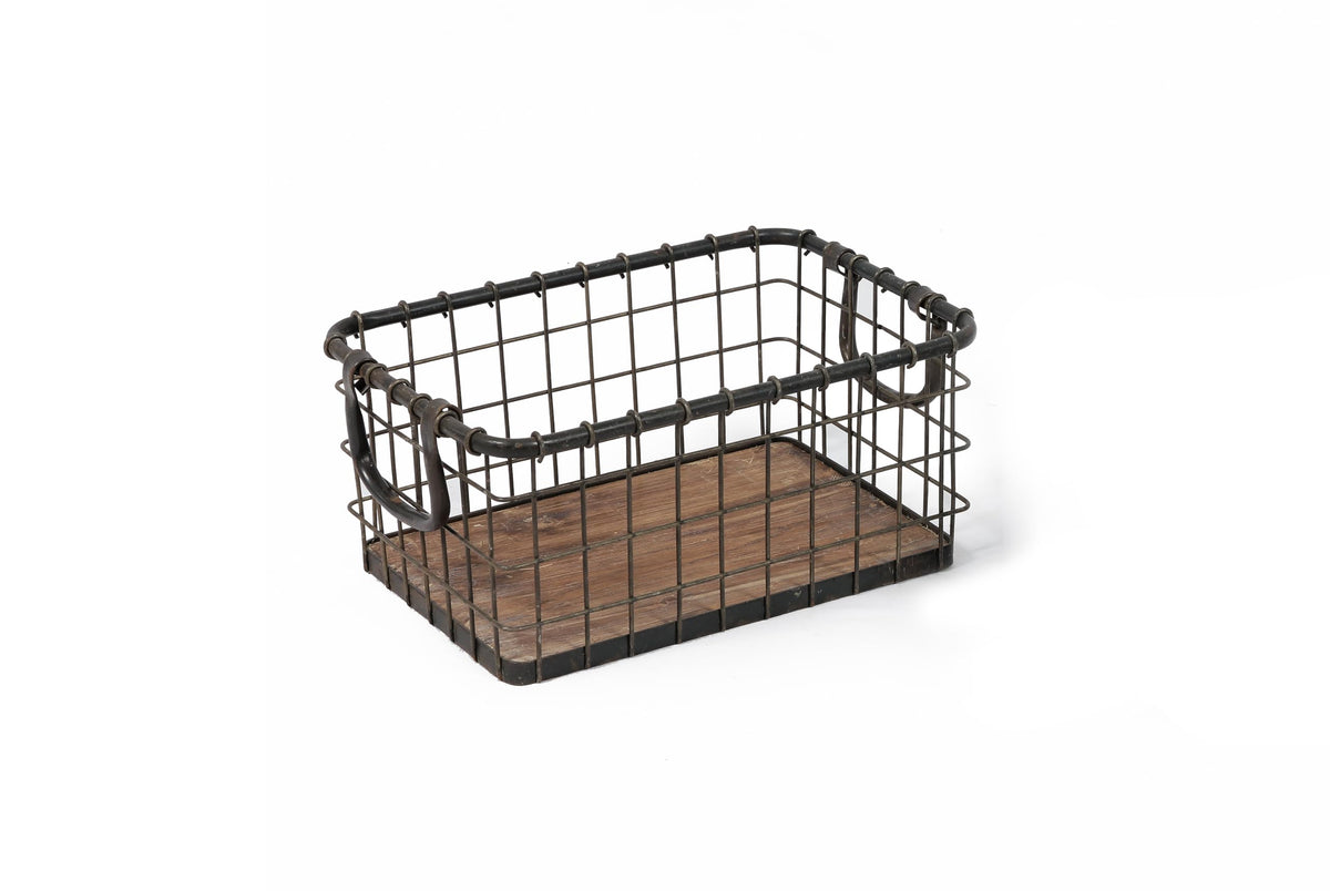 13.8" Wide Rectangular Metal Wire Basket with Wooden Bottom O948324