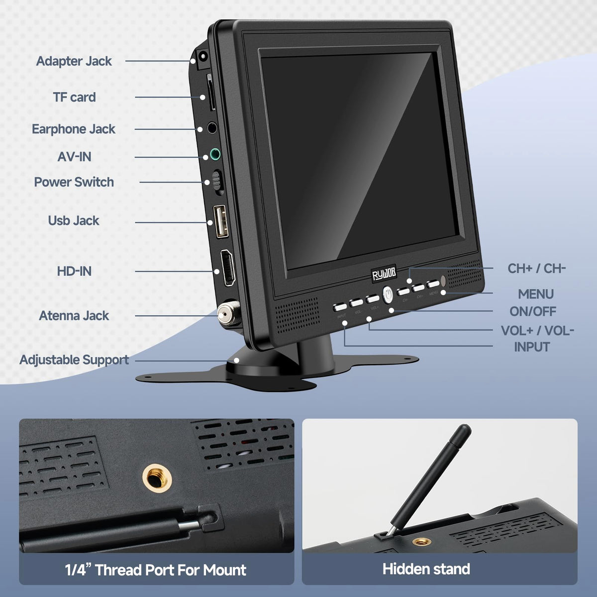7” Portable TV with Antenna, Rechargeable Battery with Stand K7994