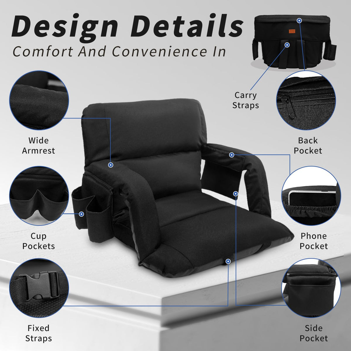 Black 25" Wide Stadium Seat with Back Support F398