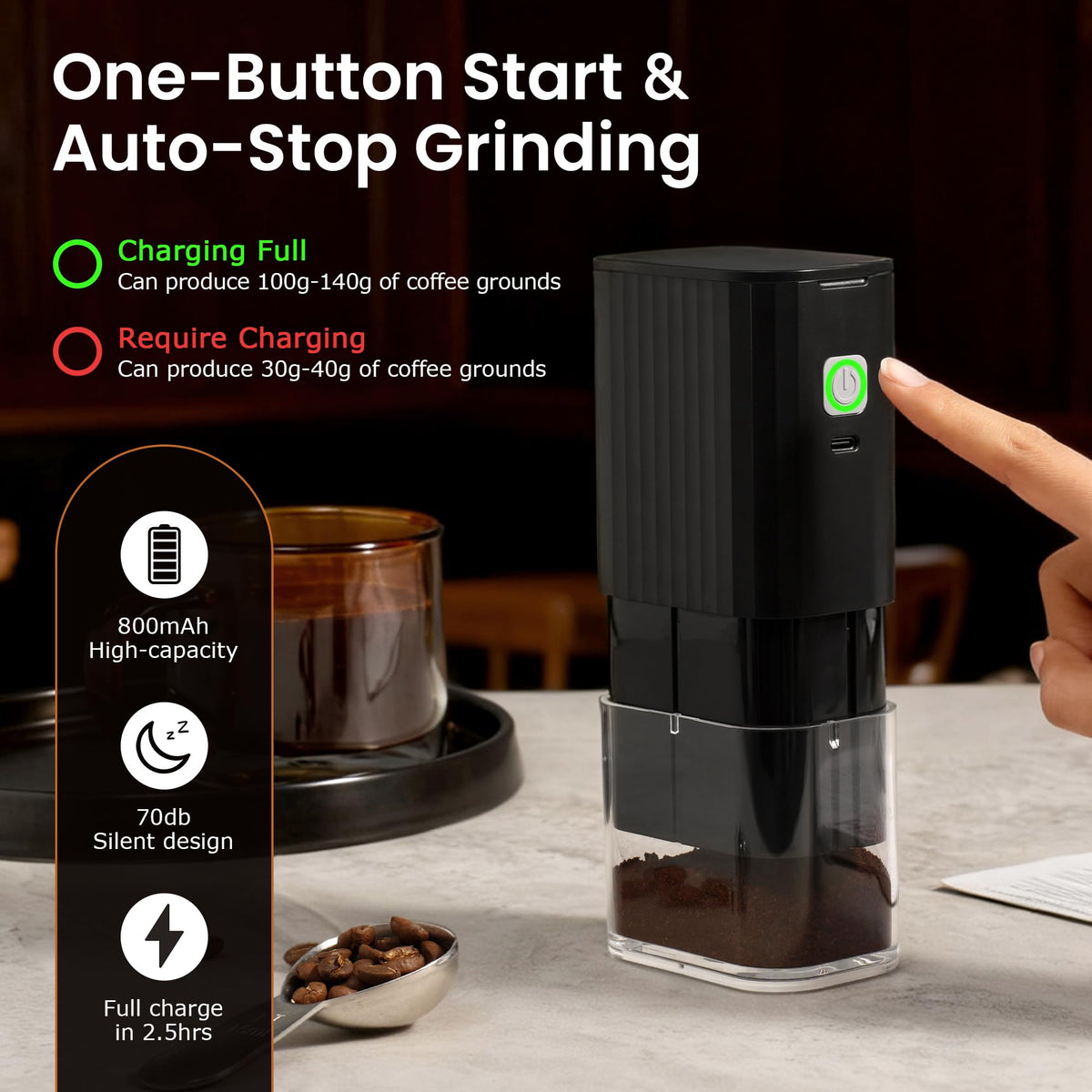 Portable Electric Coffee Grinder Adjustable Stainless Steel Burr O7000