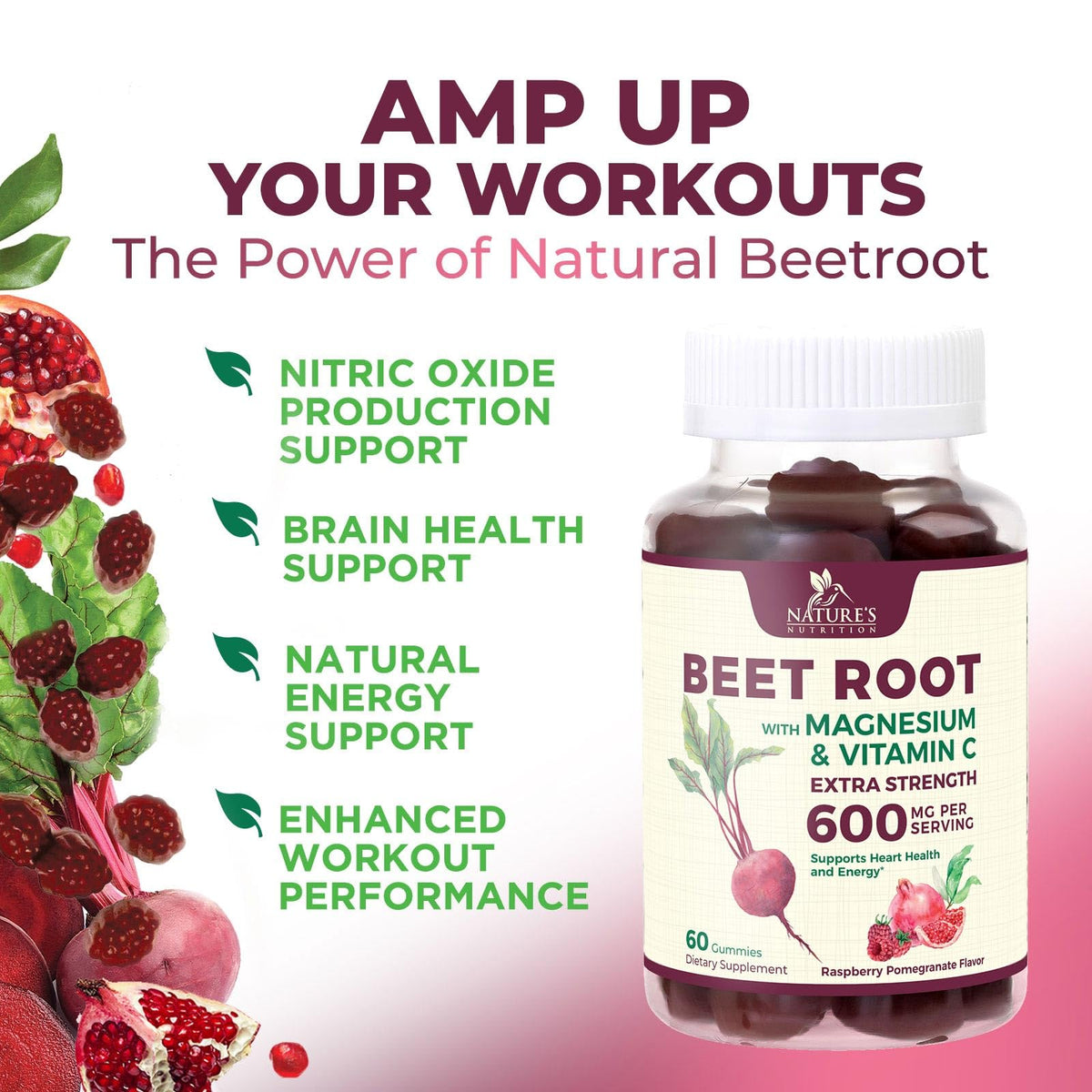 Beet Root Gummies with Beetroot Powder & Vitamin C, Berry Flavored, 60 Gummies Y167