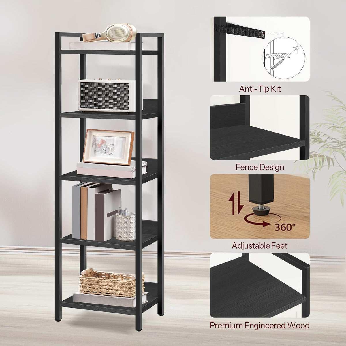 5-Tier Black Bookshelf E509193