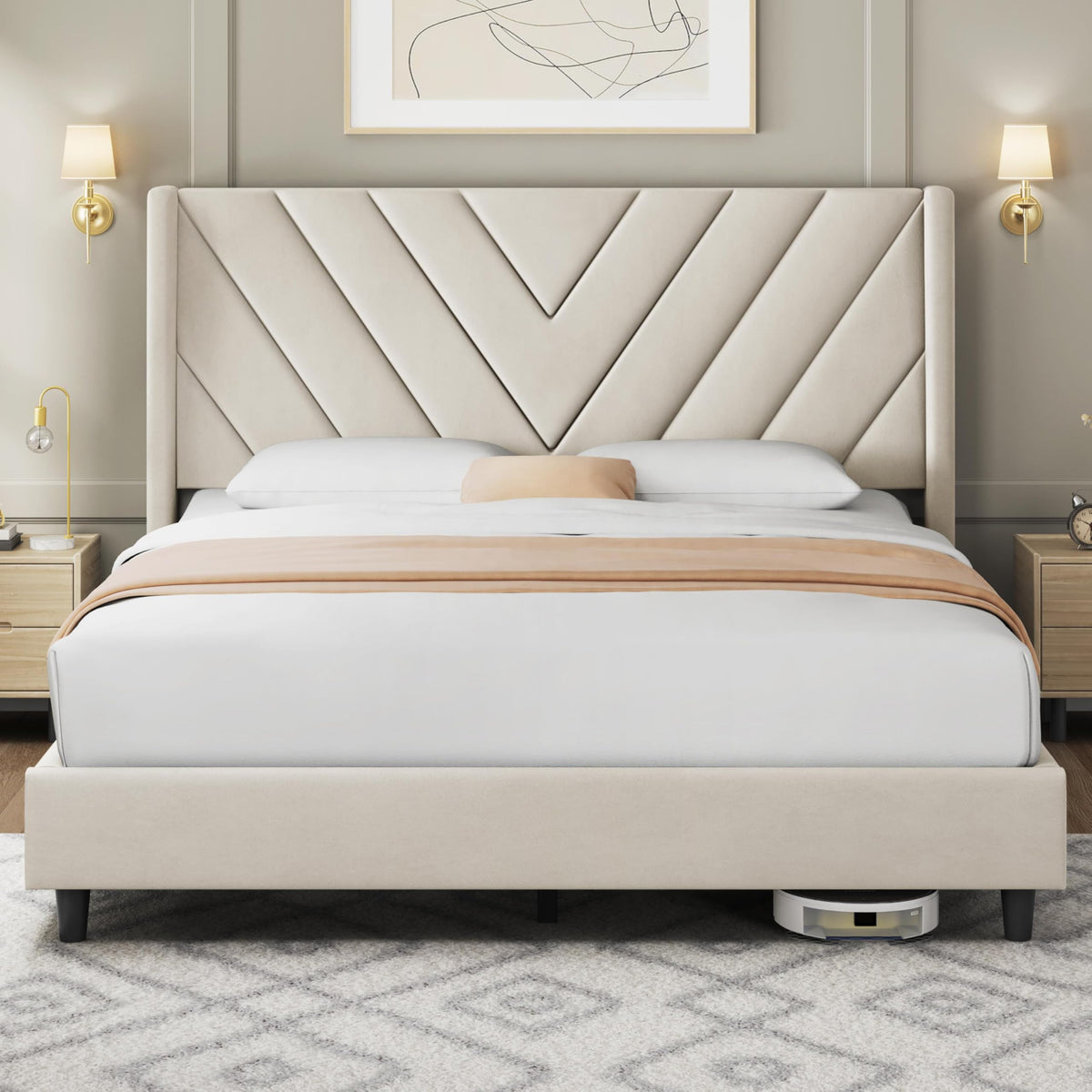 Queen Bed Frame with Tufted Headboard, Beige R56465