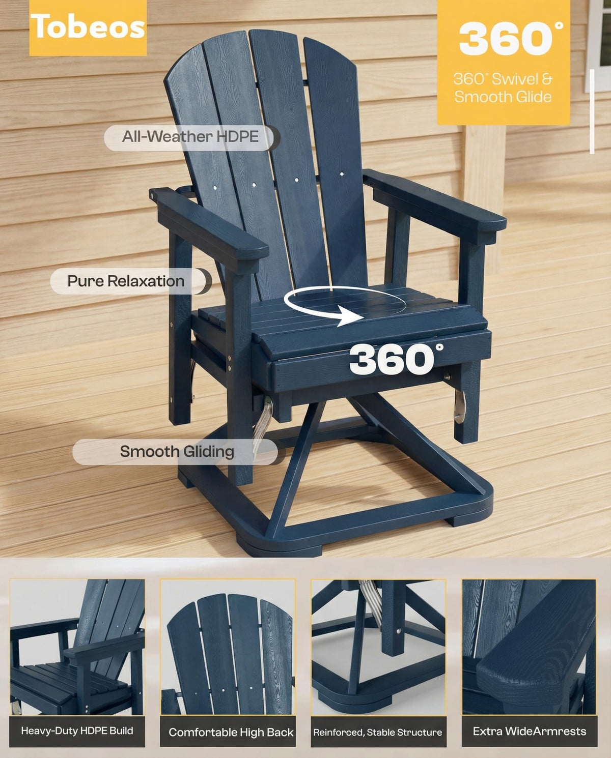 HDPE Oversized Swivel Glider Rocking Chair Set of 2 Navy Blue Z981560