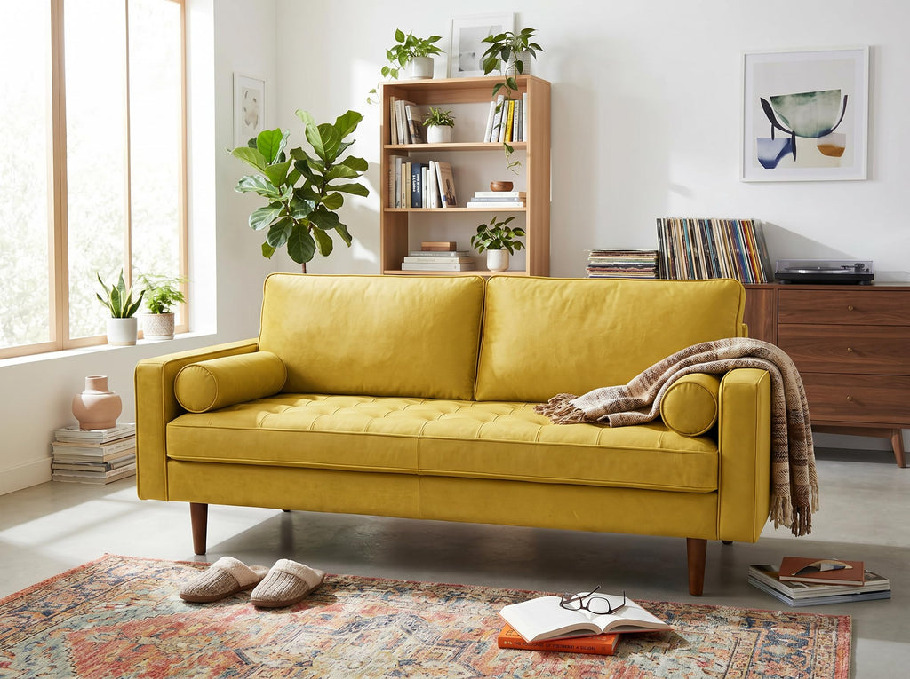 70 Inch Velvet Sofa with Button Tufted Upholstery and Bolster Pillows Y919