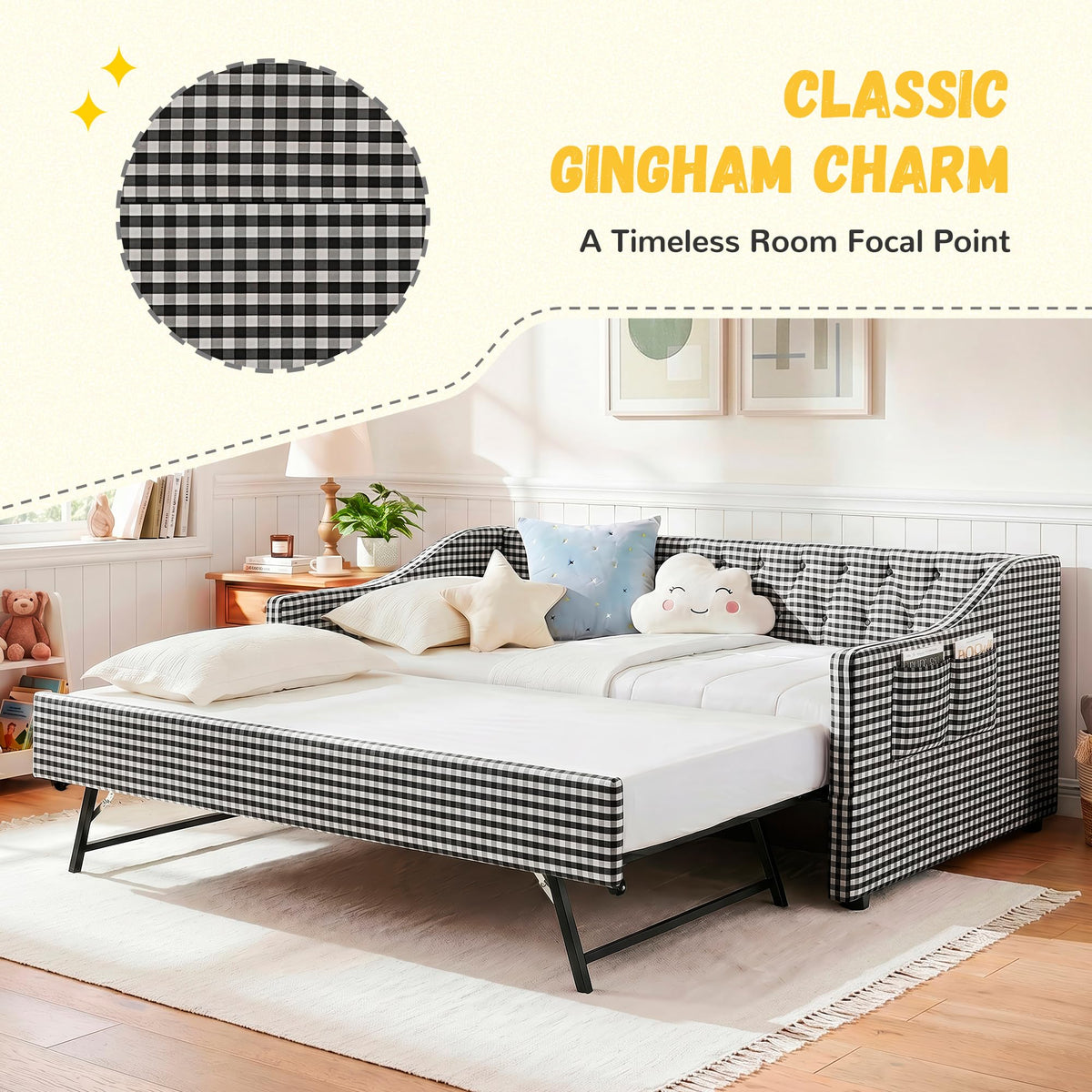Twin Size Gingham Daybed with Trundle and Storage Pocket N1211
