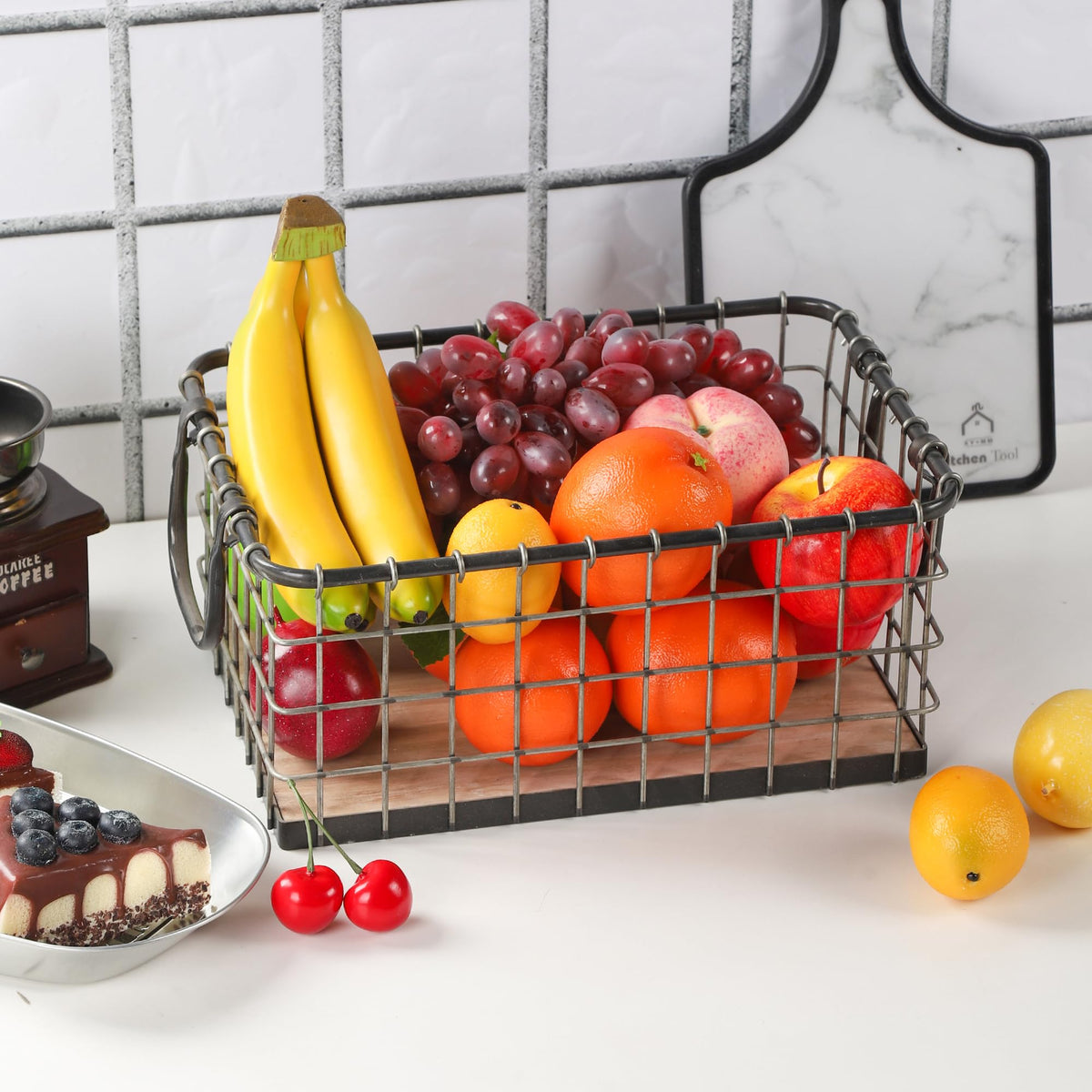 13.8" Wide Rectangular Metal Wire Basket with Wooden Bottom O948324
