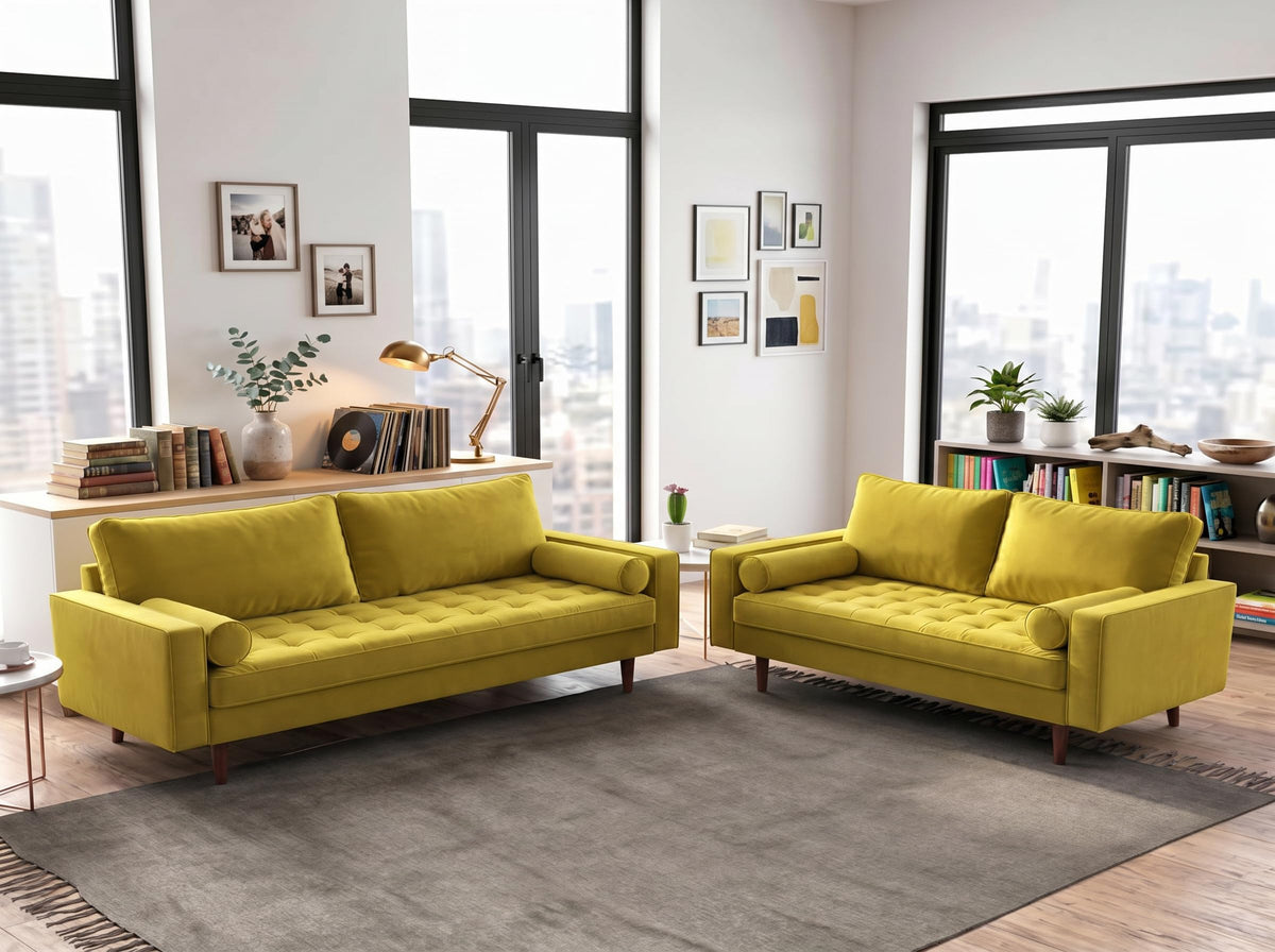 70 Inch Velvet Sofa with Button Tufted Upholstery and Bolster Pillows Y919