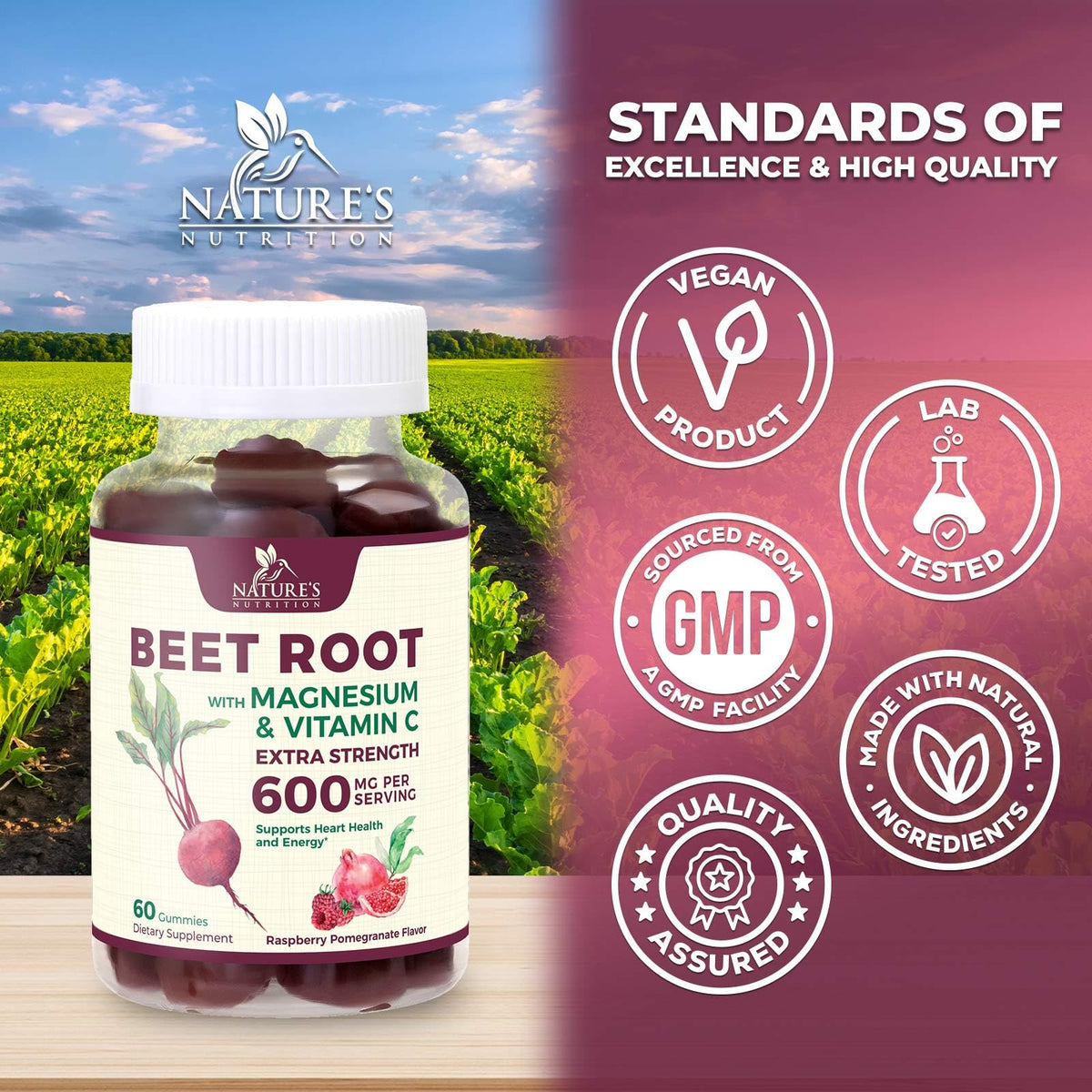 Beet Root Gummies with Beetroot Powder & Vitamin C, Berry Flavored, 60 Gummies Y167