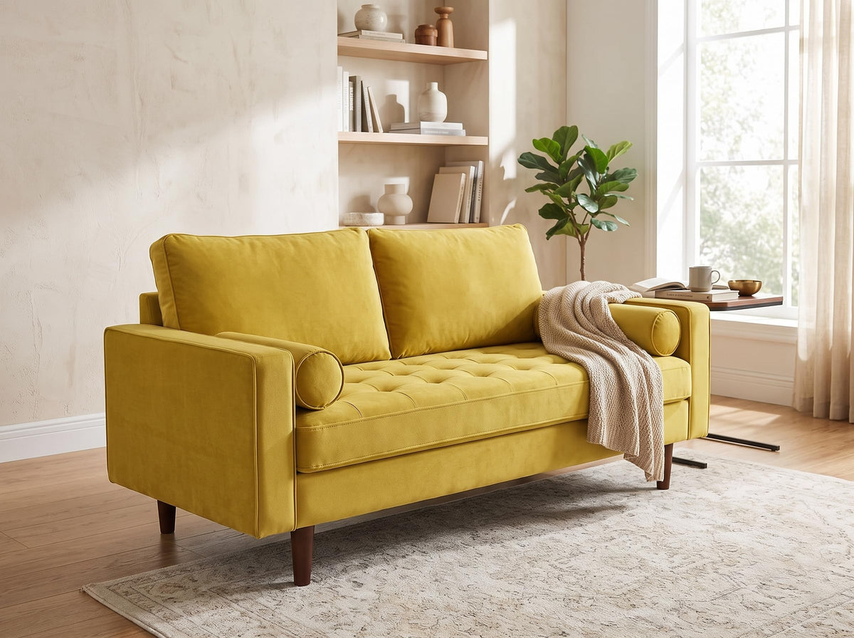 70 Inch Velvet Sofa with Button Tufted Upholstery and Bolster Pillows Y919