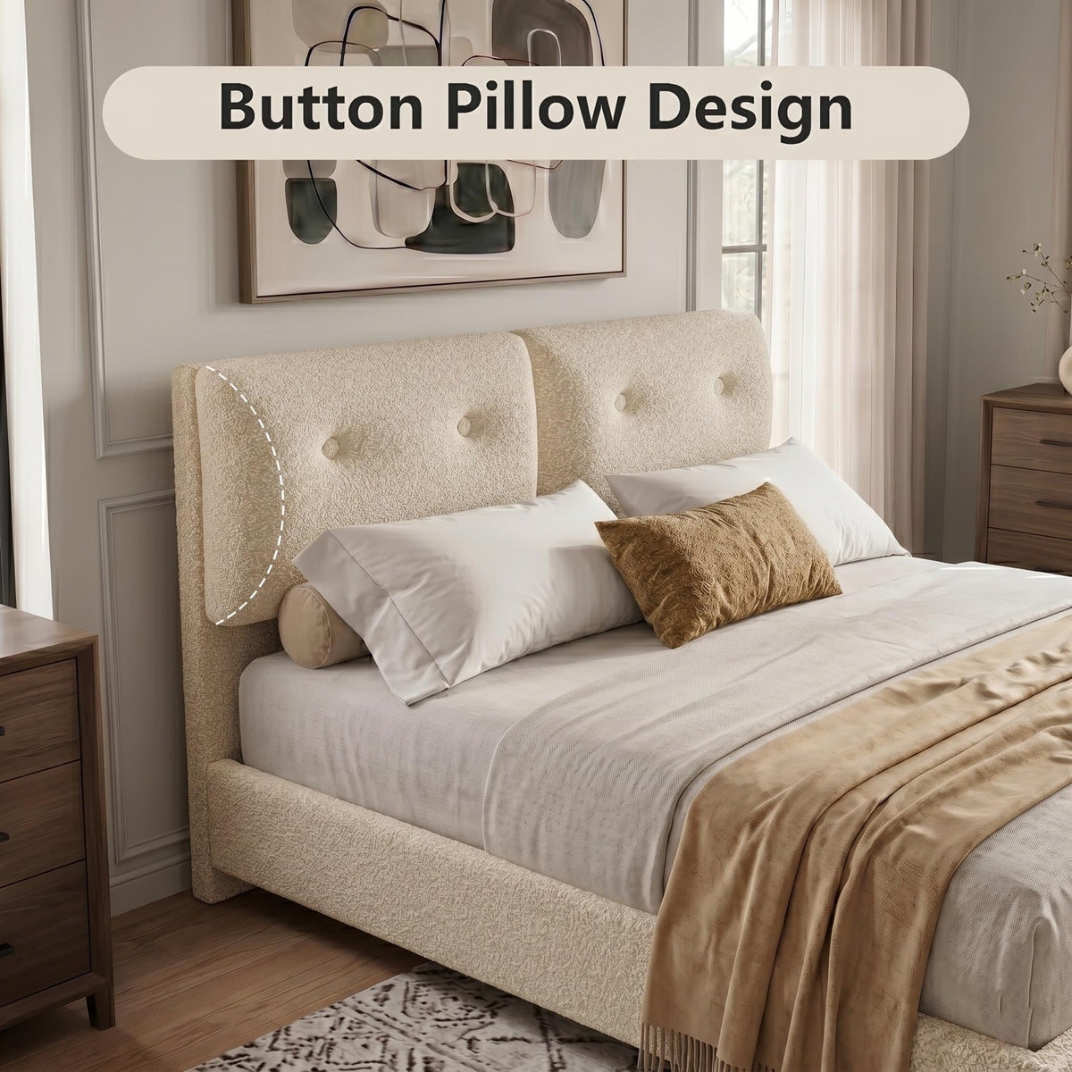Queen Size Beige Boucle Upholstered Bed Frame with Headboard I2790