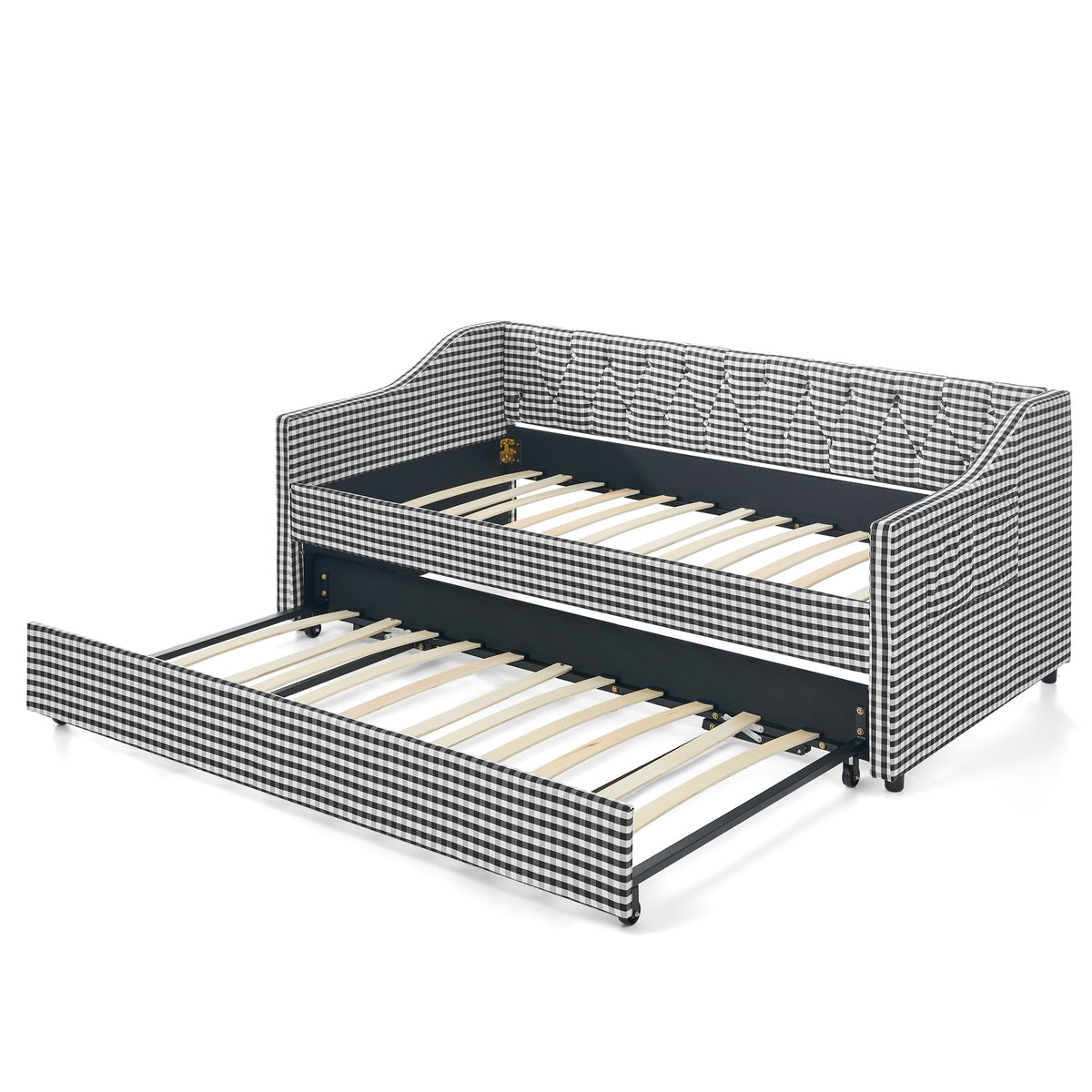 Twin Size Gingham Daybed with Trundle and Storage Pocket N1211
