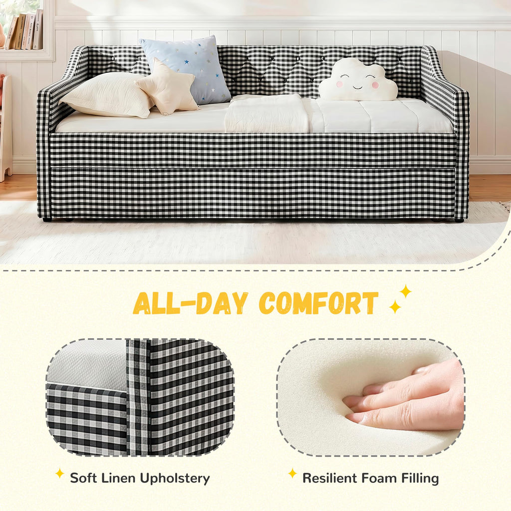 Twin Size Gingham Daybed with Trundle and Storage Pocket N1211