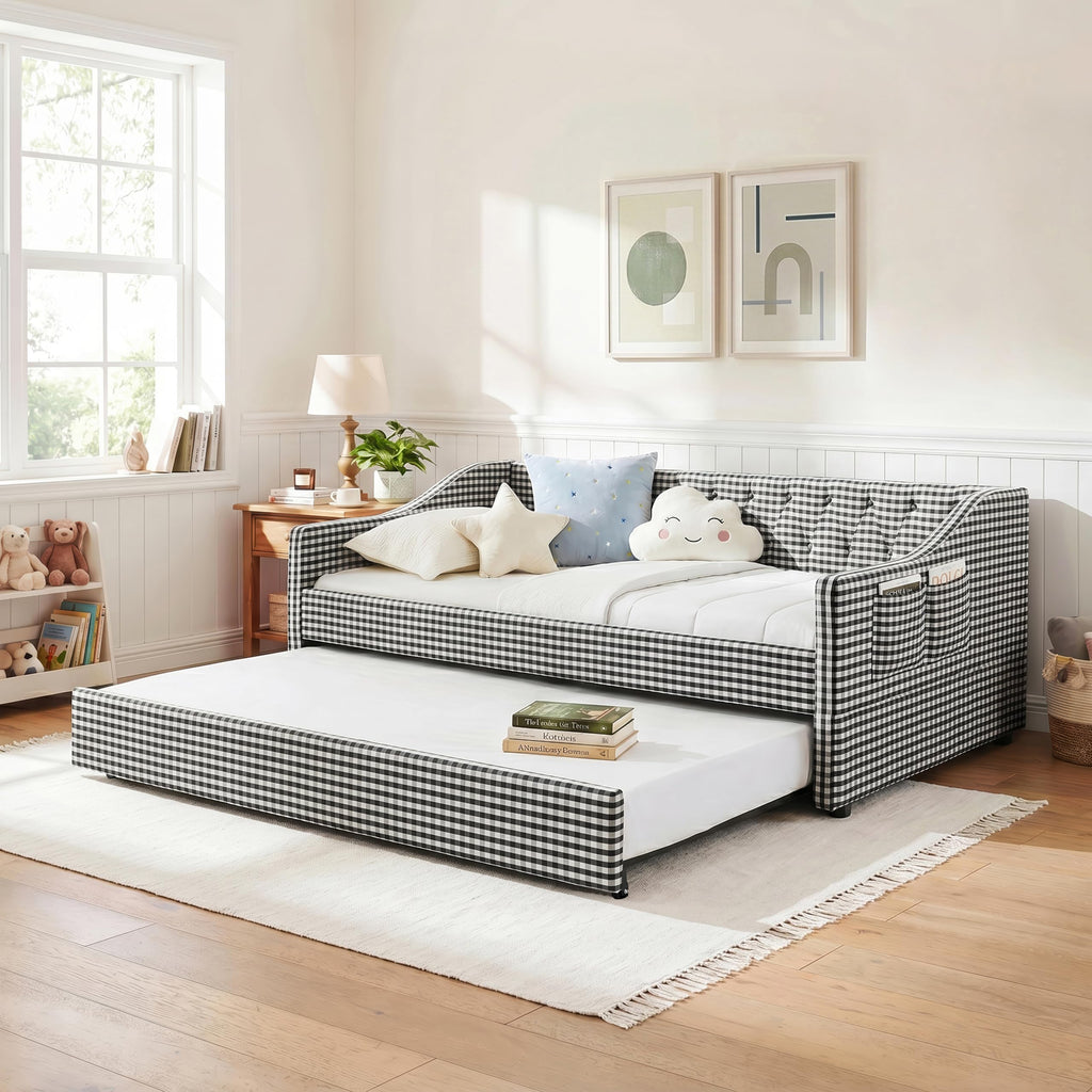 Twin Size Gingham Daybed with Trundle and Storage Pocket N1211