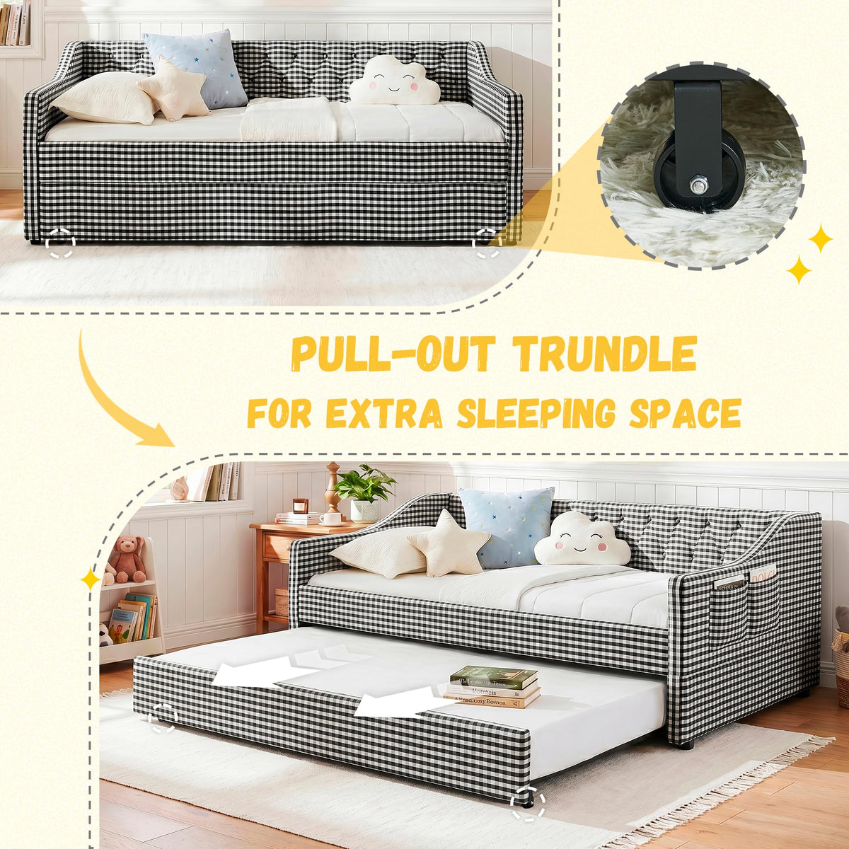 Twin Size Gingham Daybed with Trundle and Storage Pocket N1211