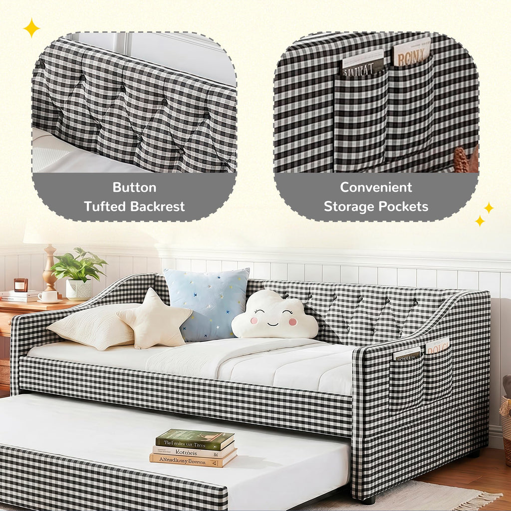 Twin Size Gingham Daybed with Trundle and Storage Pocket N1211